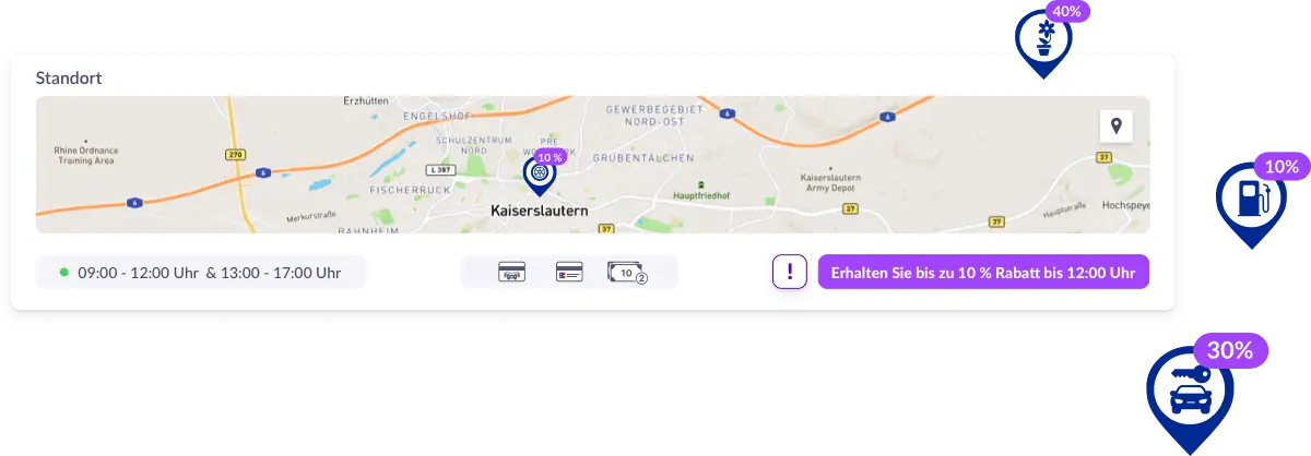 Een gedetailleerde weergave toont relevante winkelinformatie, waaronder een kleine kaart met een locatiemarkering, openingstijden, betaalmethoden en een indicatie van een tijdelijke korting. Rechts van de gedetailleerde weergave staan verschillende locatiemarkeringen met informatie over kortingen.